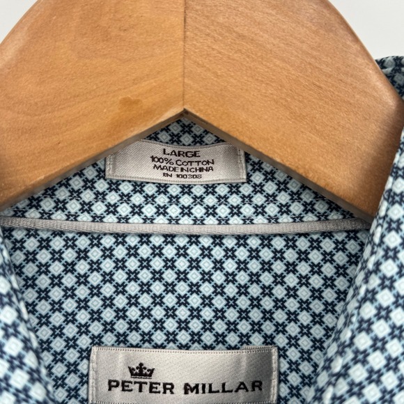 Peter Millar Crown Finish Geometric Dress Shirt Blue White Cotton Mens Large - Picture 5 of 10